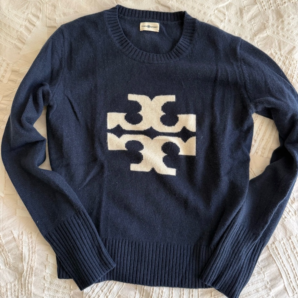 Tory Burch Navy Sweater with White Emblem